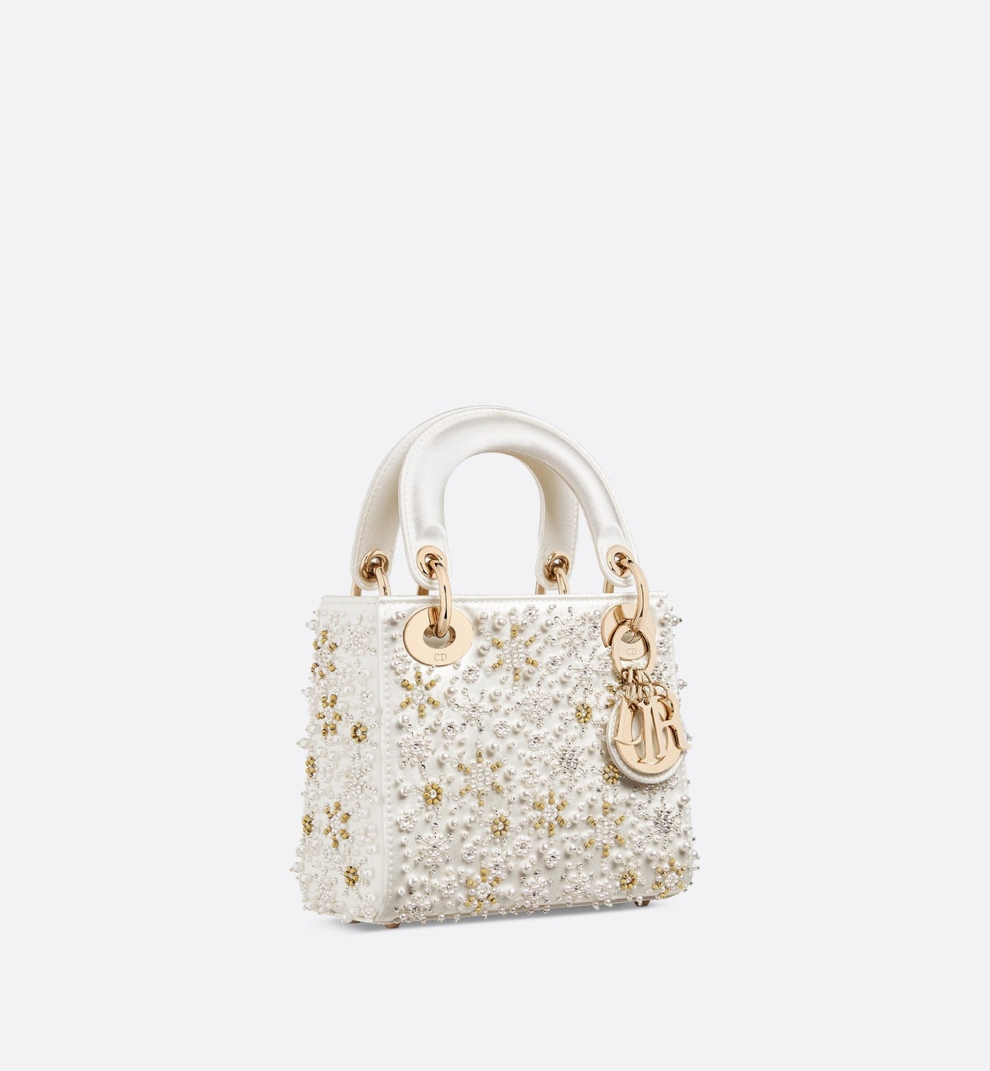 Mini Lady Luxury Dior Bag Latte Satin Embroidered With White Resin Pearls