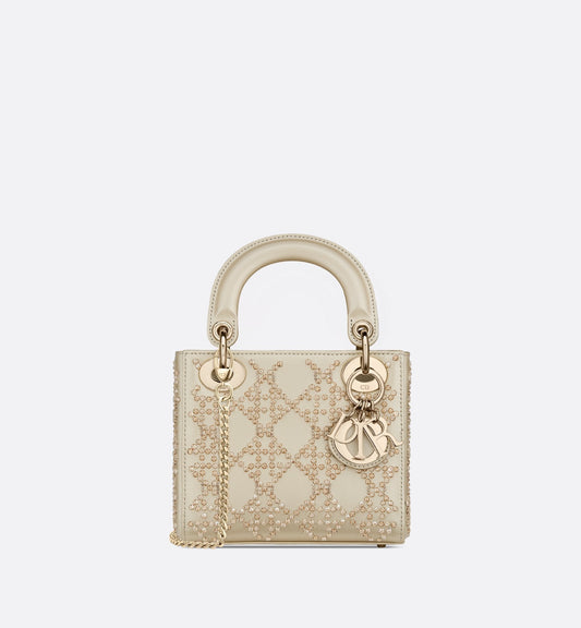 Mini Lady Luxury Dior Bag Platinum Tone Metallic Cannage Lambskin With Beaded Embroidery