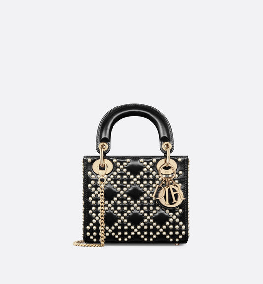Mini Lady Luxury Dior Bag Black Crinkle-Effect Lambskin With White Resin Half-Pearl Cannage Motif