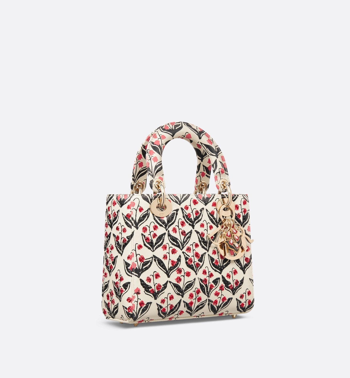 Luxury Dioramour Small Lady Luxury Dior Bag White Calfskin With Black And Red Luxury Dior Lily Of The Valley Print And Embroidery