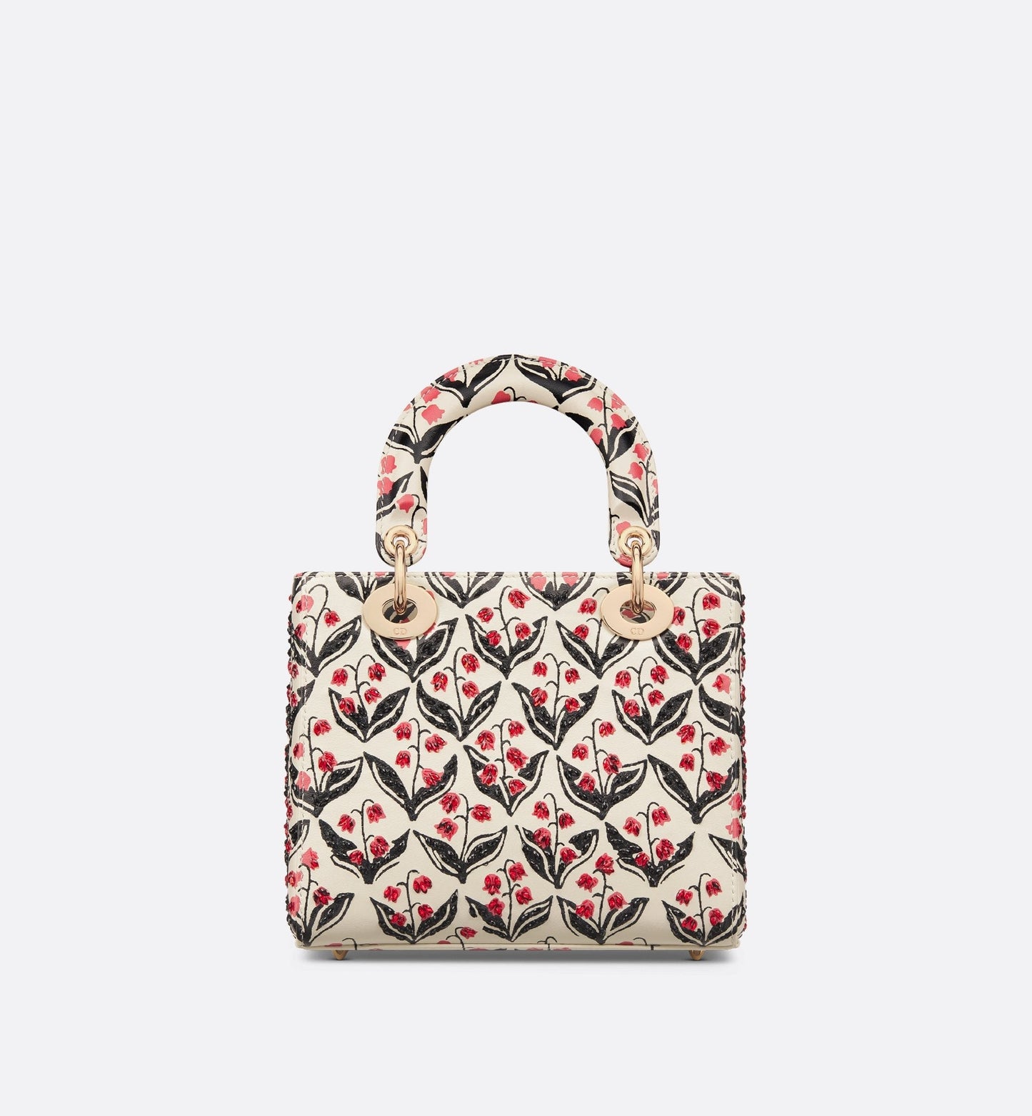 Luxury Dioramour Small Lady Luxury Dior Bag White Calfskin With Black And Red Luxury Dior Lily Of The Valley Print And Embroidery