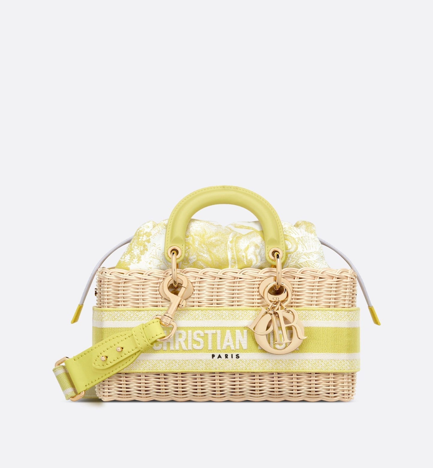 Medium Luxury Dioriviera Lady D-Joy Bag Natural Wicker And Lemon Yellow Toile De Jouy Jacquard