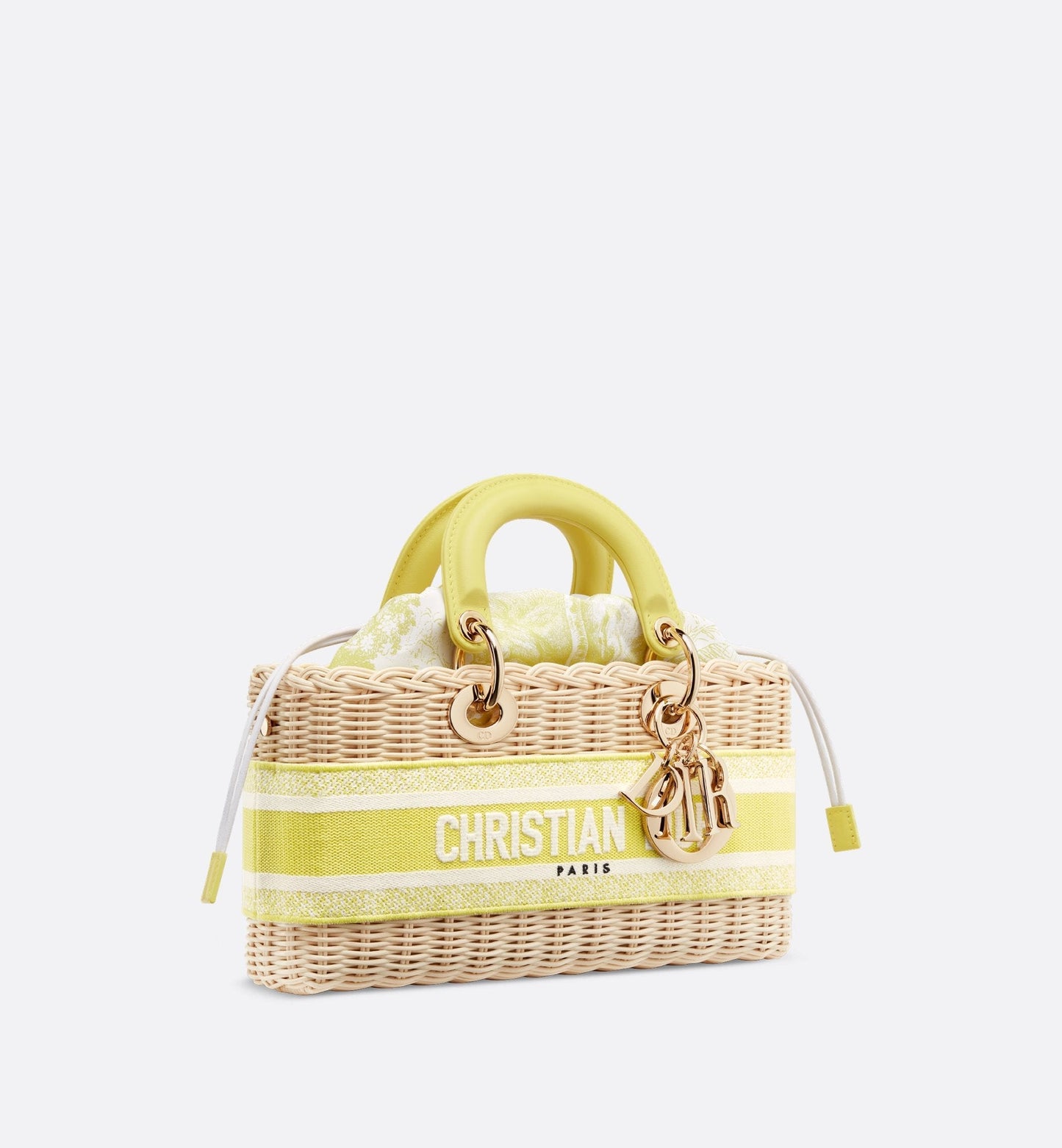 Medium Luxury Dioriviera Lady D-Joy Bag Natural Wicker And Lemon Yellow Toile De Jouy Jacquard