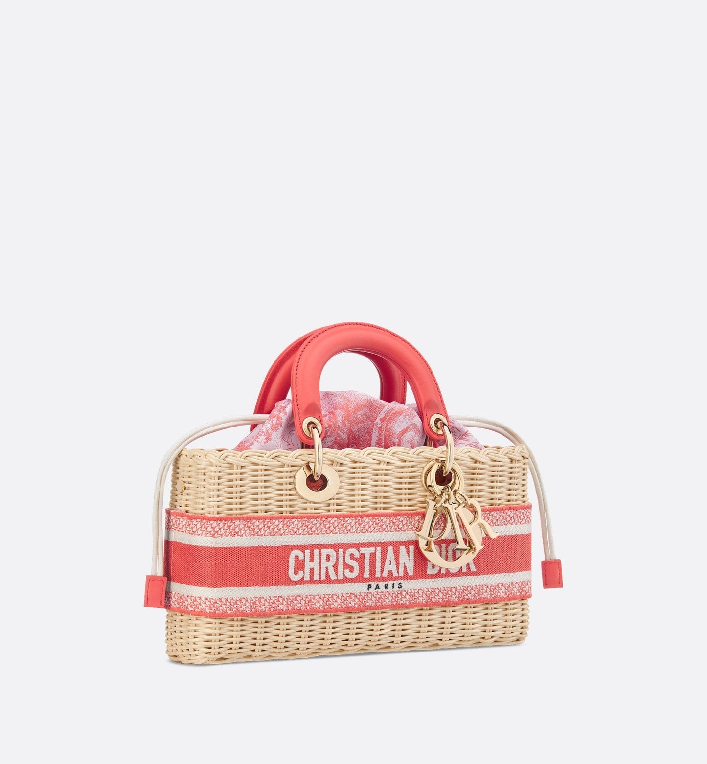 Medium Luxury Dioriviera Lady D-Joy Bag Natural Wicker And Coral Toile De Jouy Jacquard