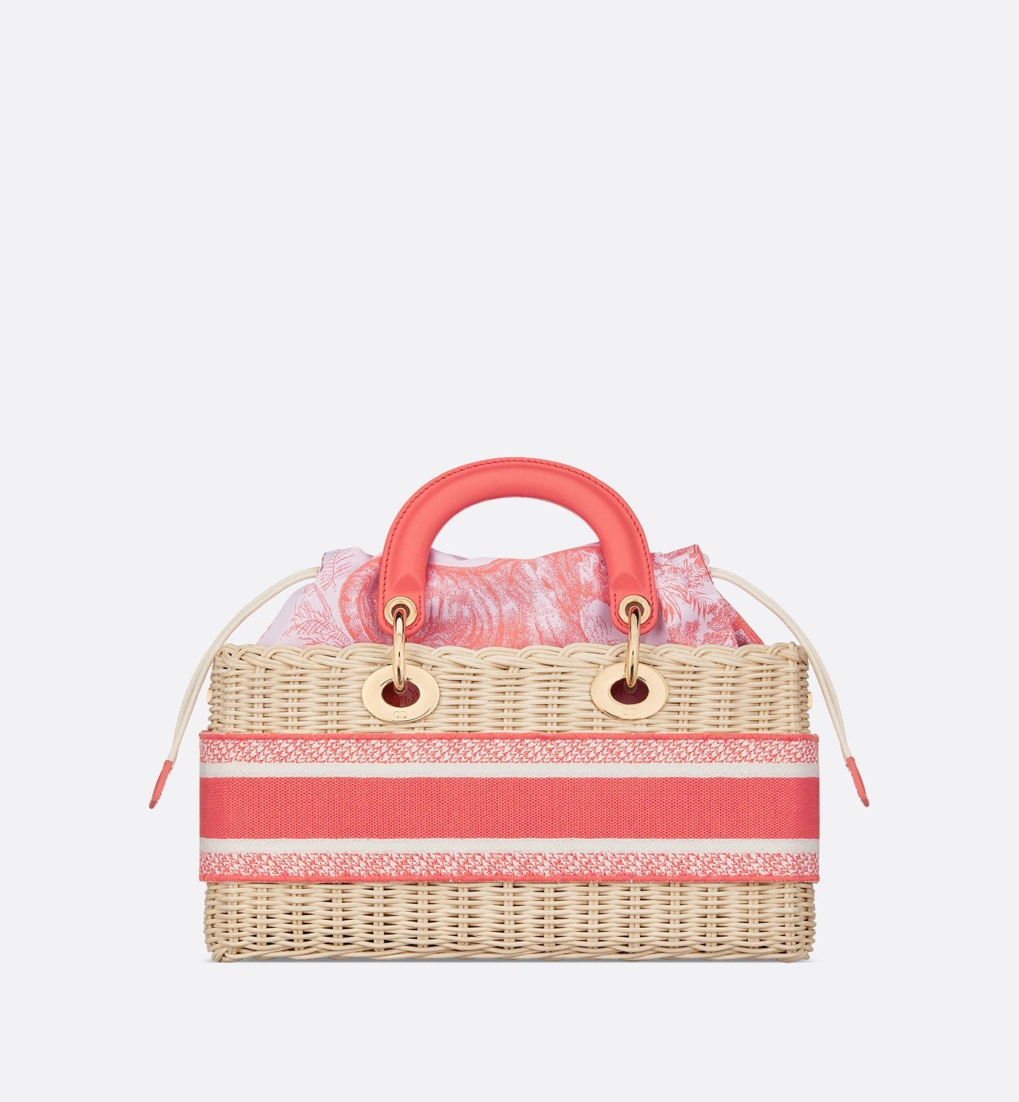 Medium Luxury Dioriviera Lady D-Joy Bag Natural Wicker And Coral Toile De Jouy Jacquard