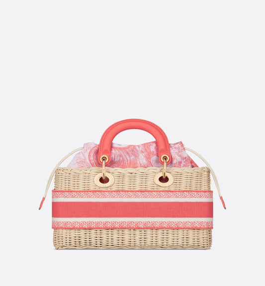 Medium Luxury Dioriviera Lady D-Joy Bag Natural Wicker And Coral Toile De Jouy Jacquard