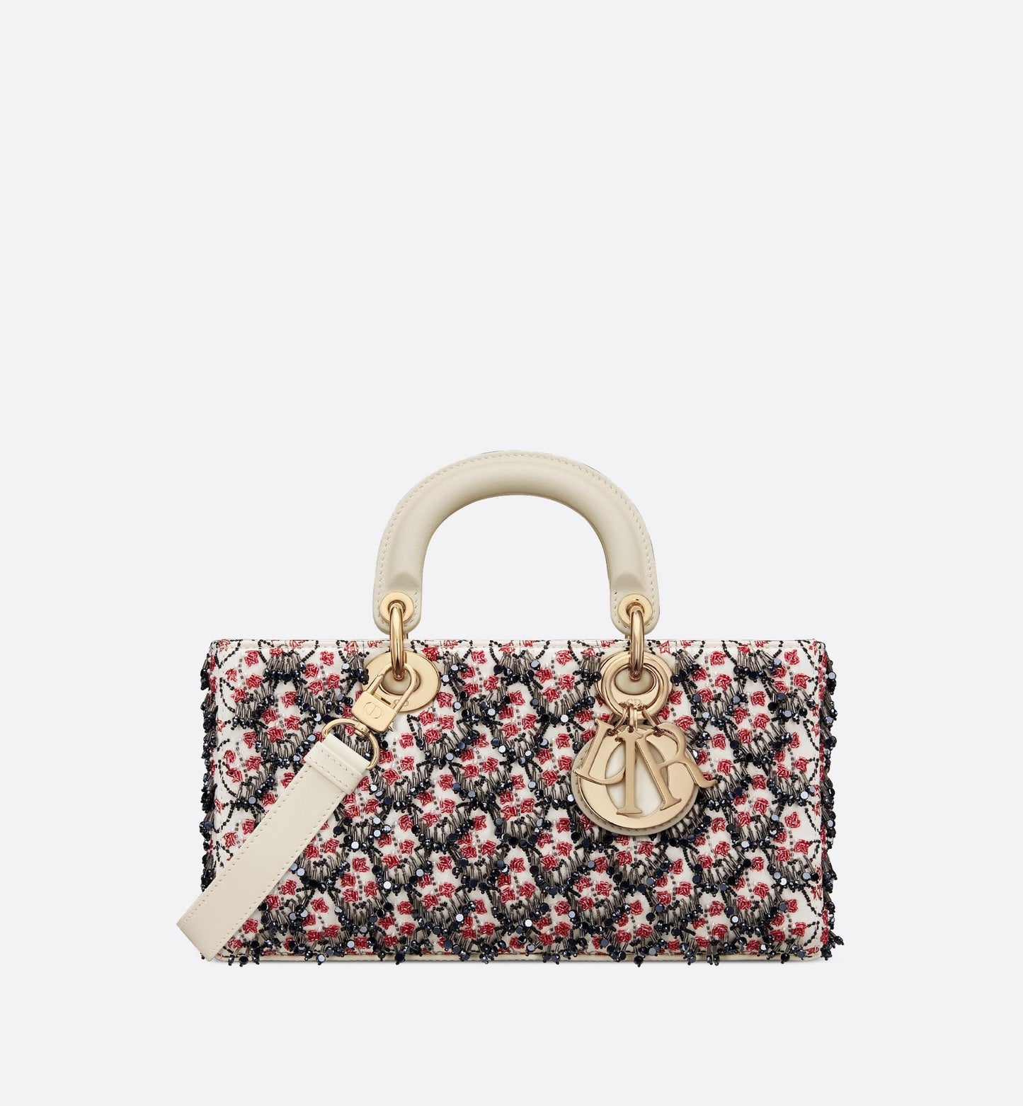 Luxury Dioramour Medium Lady D-Joy Bag White Satin With Black And Red Luxury Dior Lily Of The Valley Embroidery