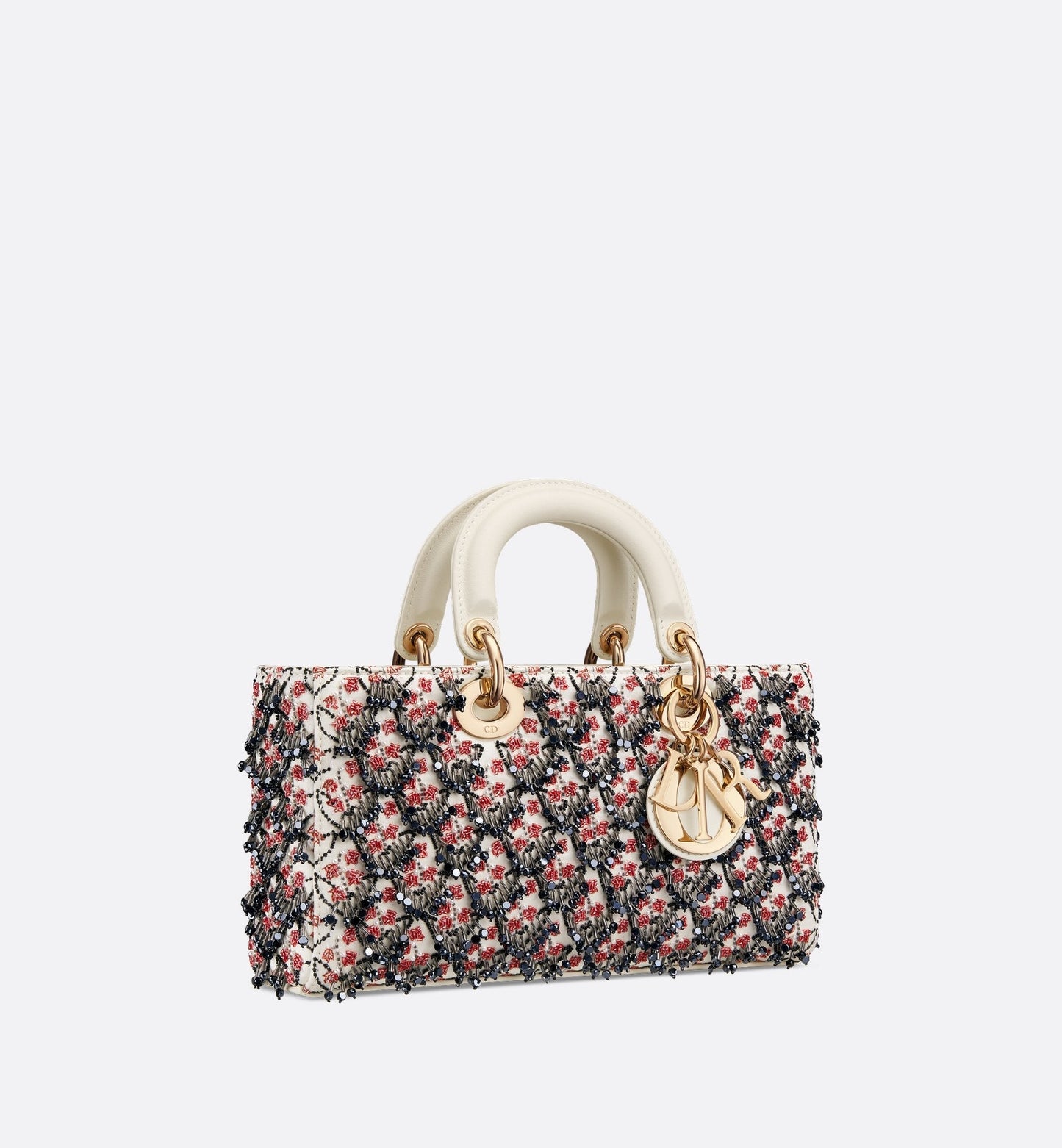 Luxury Dioramour Medium Lady D-Joy Bag White Satin With Black And Red Luxury Dior Lily Of The Valley Embroidery
