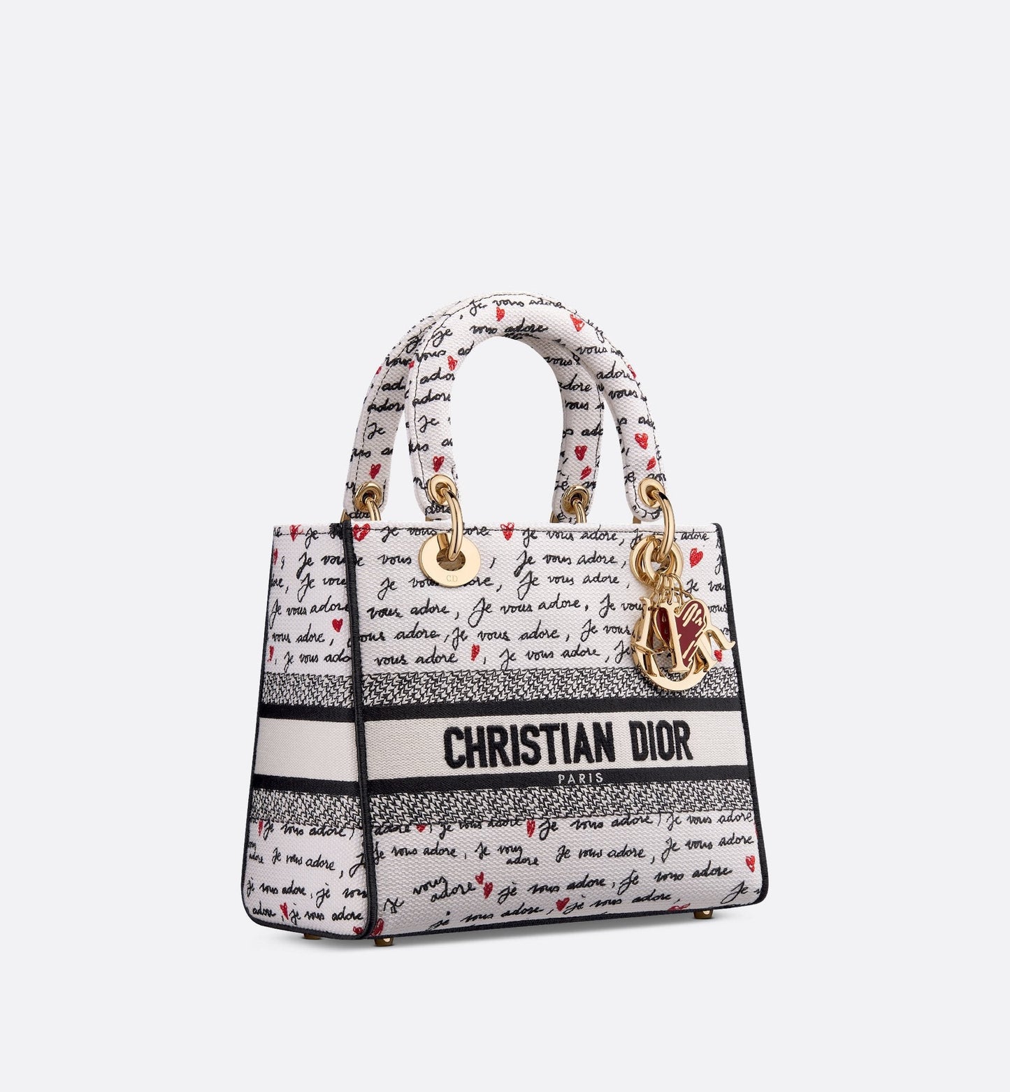 Luxury Dioramour Medium Lady D-Lite Bag White Embroidery With Black And Red Je Vous Adore Motif