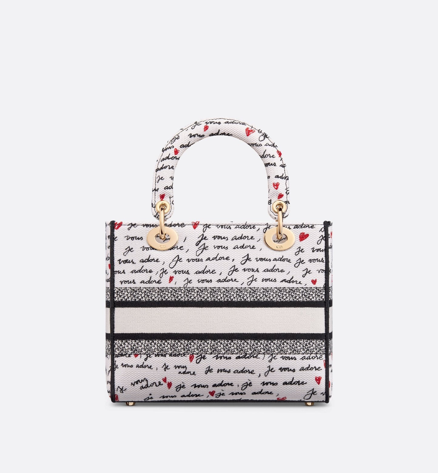 Luxury Dioramour Medium Lady D-Lite Bag White Embroidery With Black And Red Je Vous Adore Motif