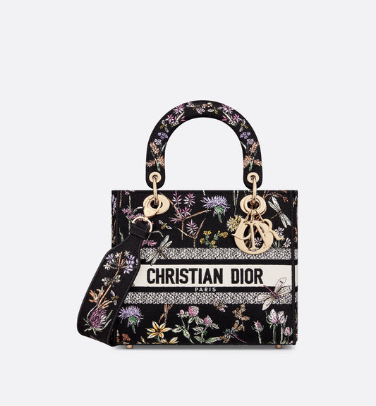 Medium Lady D-Lite Bag Black Multicolor Luxury Dior Herbarium Embroidery