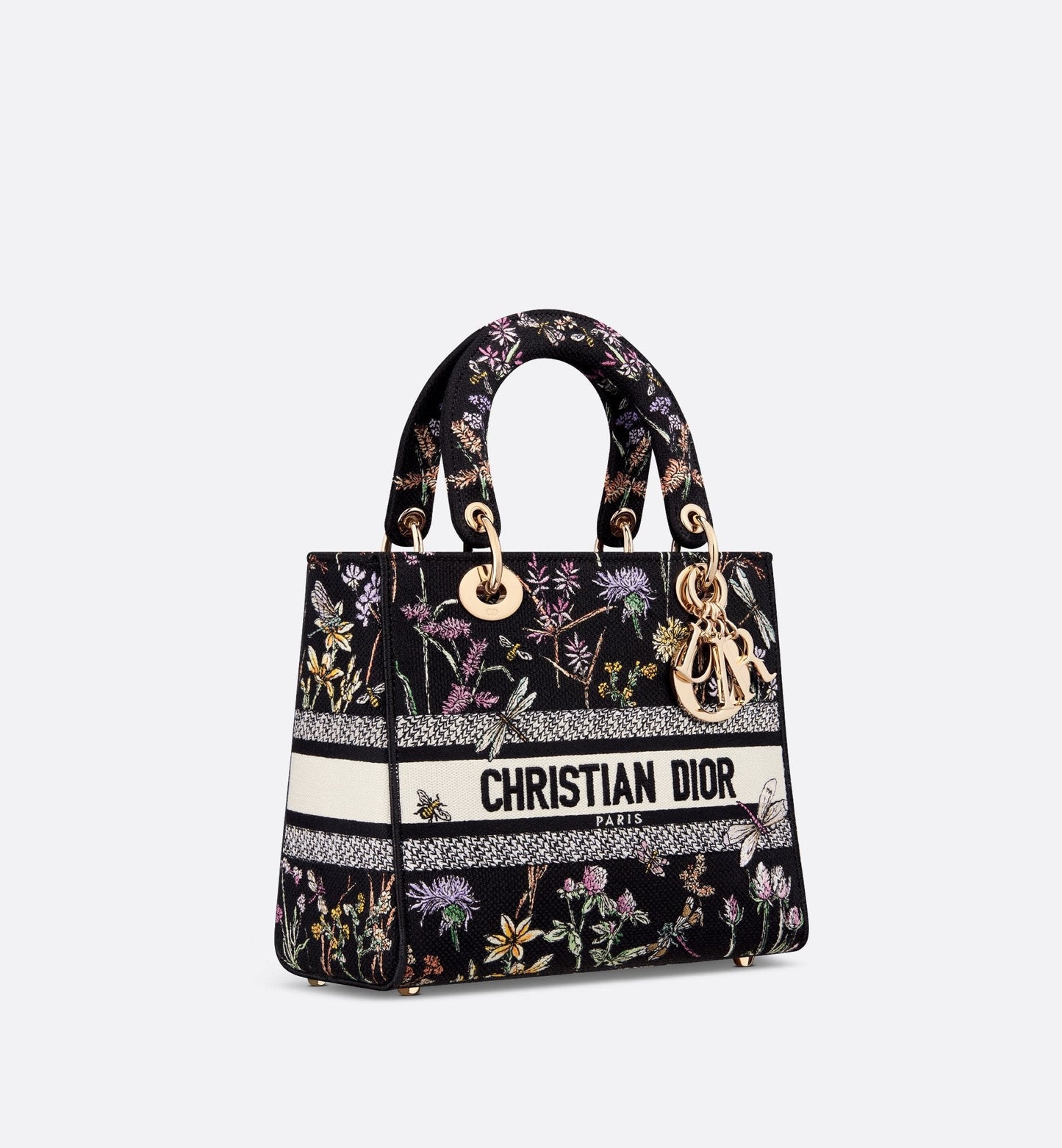 Medium Lady D-Lite Bag Black Multicolor Luxury Dior Herbarium Embroidery