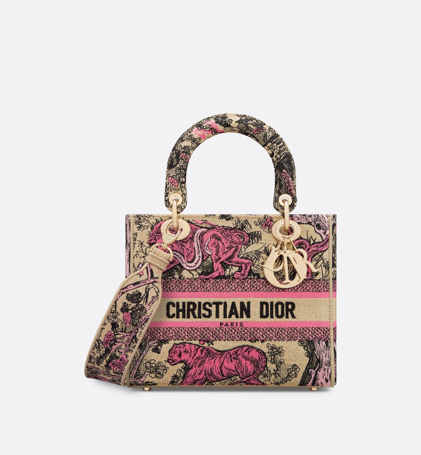 Medium Luxury Dioriviera Lady D-Lite Bag Raffia With Candy Pink Toile De Jouy Sauvage Embroidery
