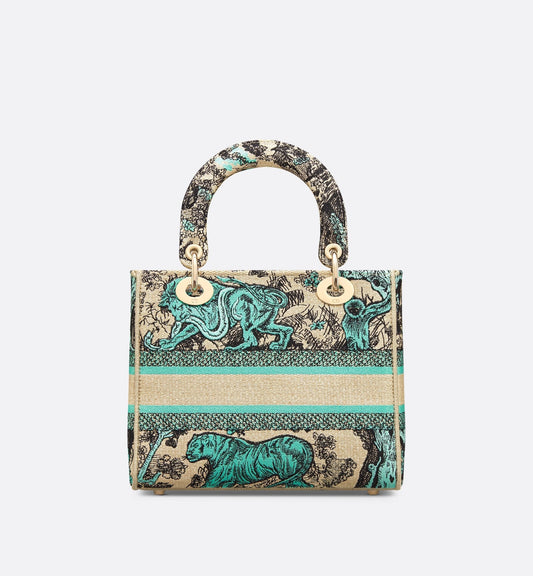 Medium Luxury Dioriviera Lady D-Lite Bag Raffia With Aquamarina Toile De Jouy Sauvage Embroidery