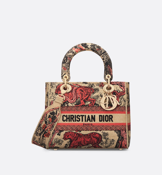 Medium Luxury Dioriviera Lady D-Lite Bag Raffia With Coral Toile De Jouy Sauvage Embroidery