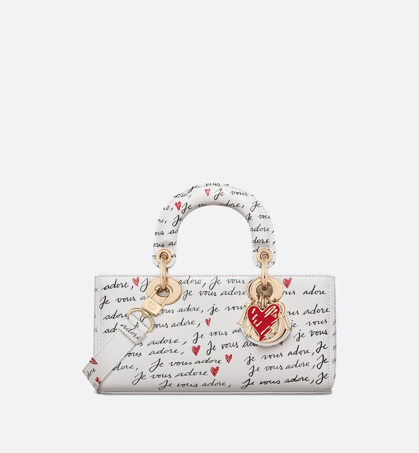 Luxury Dioramour Small Lady D-Joy Bag White Calfskin With Black And Red Je Vous Adore Print