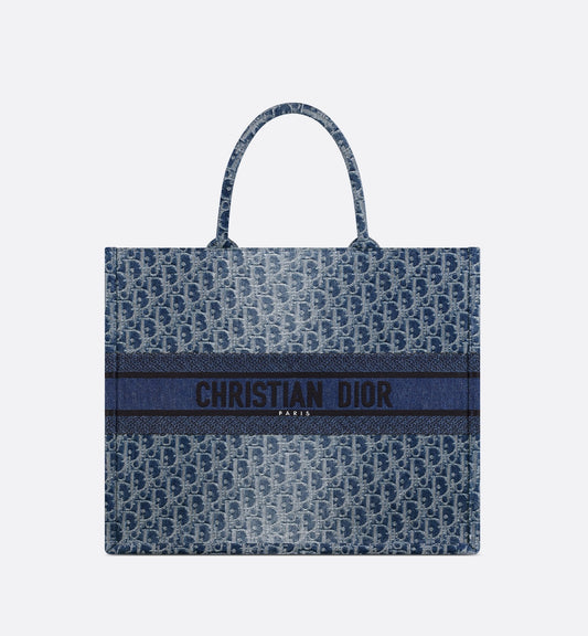 Large Luxury Dior Book Tote Blue Denim Luxury Dior Oblique Jacquard