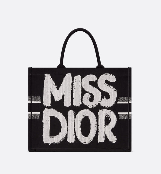 Large Luxury Dior Book Tote Black And White Miss Luxury Dior Graffiti Embroidery