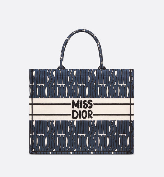 Large Luxury Dior Book Tote Blue And White Miss Luxury Dior Allover Embroidery