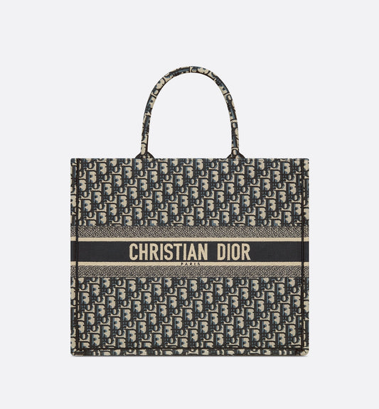 Large Luxury Dior Book Tote Ecru And Blue Luxury Dior Oblique Embroidery