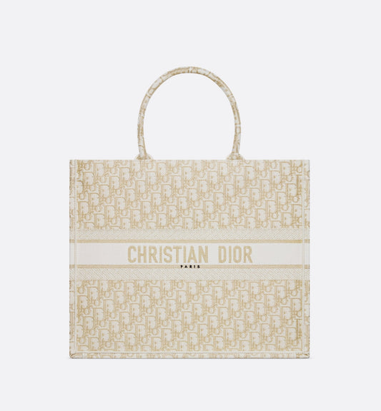 Large Luxury Dior Book Tote White And Gold Tone Oblique Embroidery