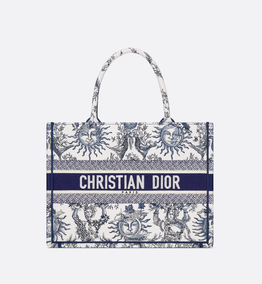Medium Luxury Dior Book Tote White And Navy Blue Toile De Jouy Soleil Embroidery