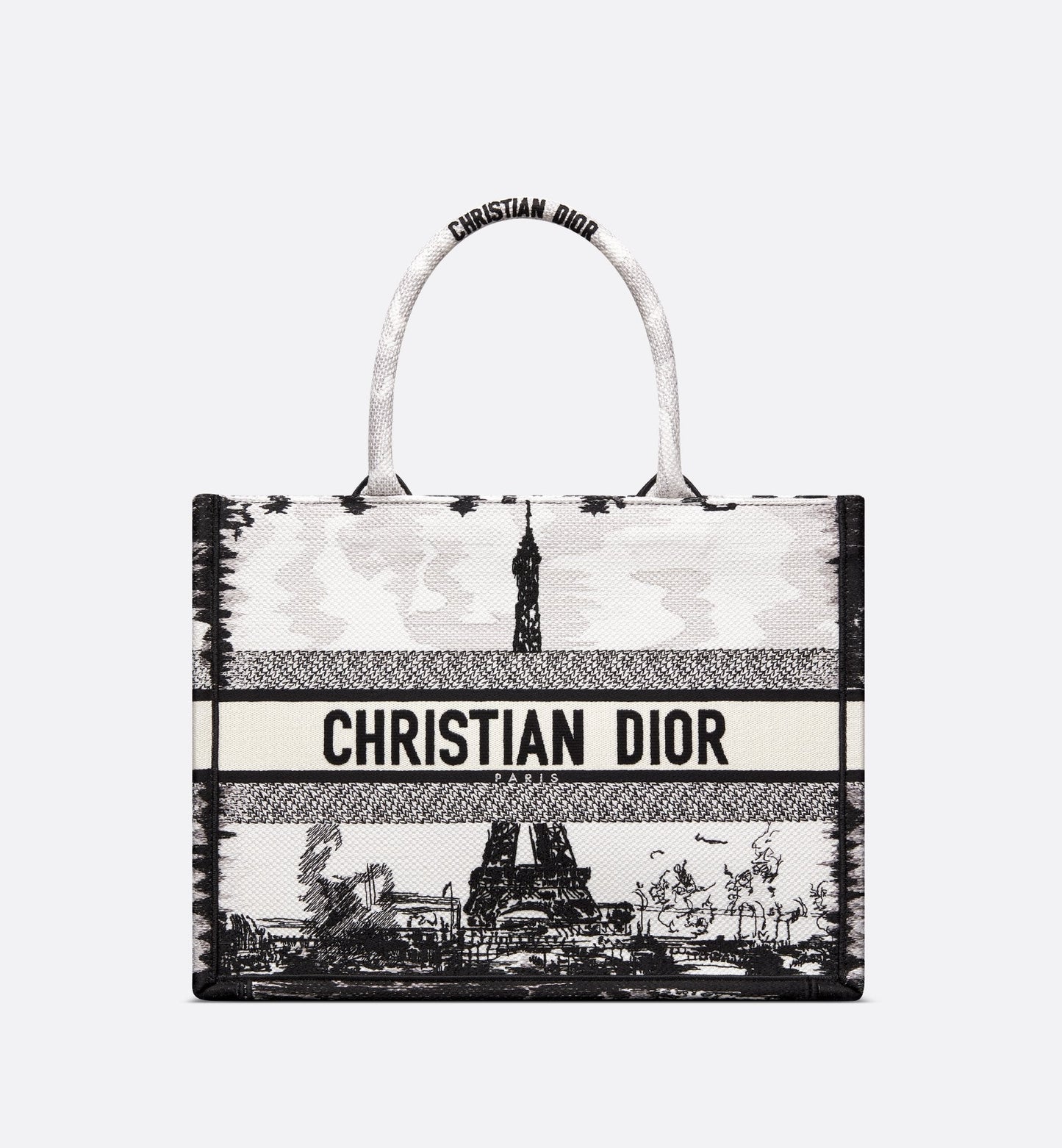 Medium Luxury Dior Book Tote White And Black Paris Embroidery
