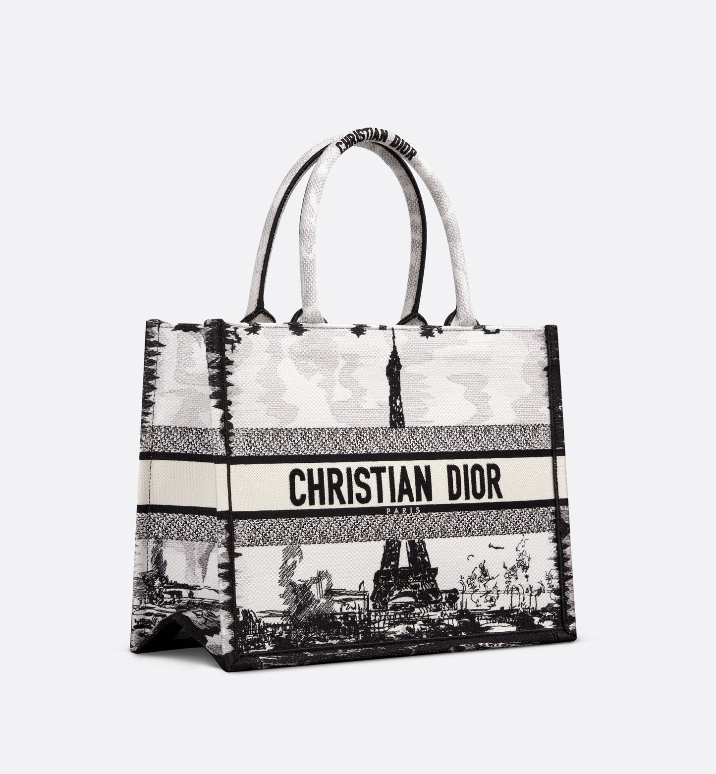 Medium Luxury Dior Book Tote White And Black Paris Embroidery