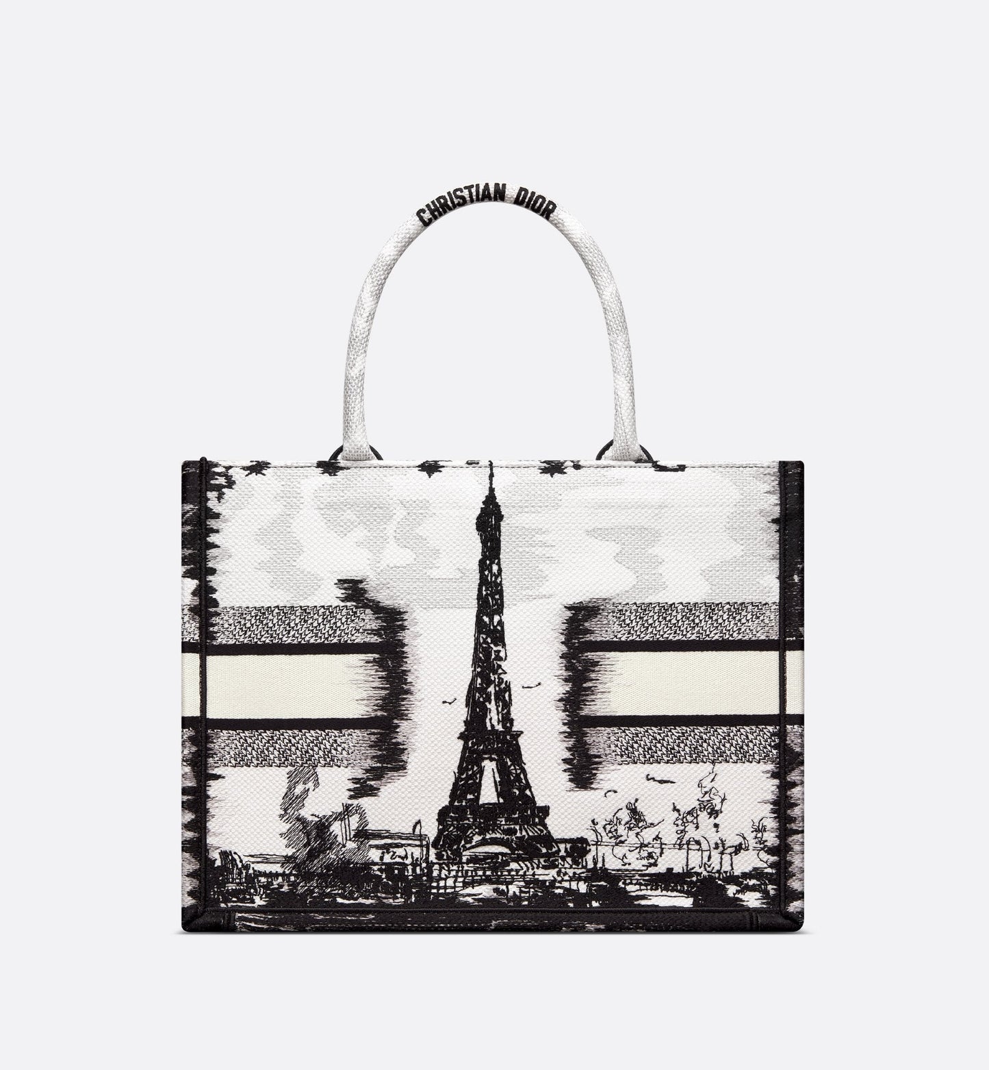 Medium Luxury Dior Book Tote White And Black Paris Embroidery
