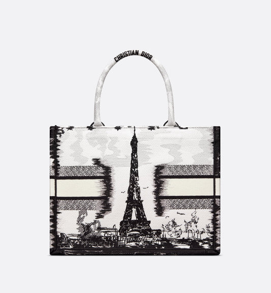 Medium Luxury Dior Book Tote White And Black Paris Embroidery