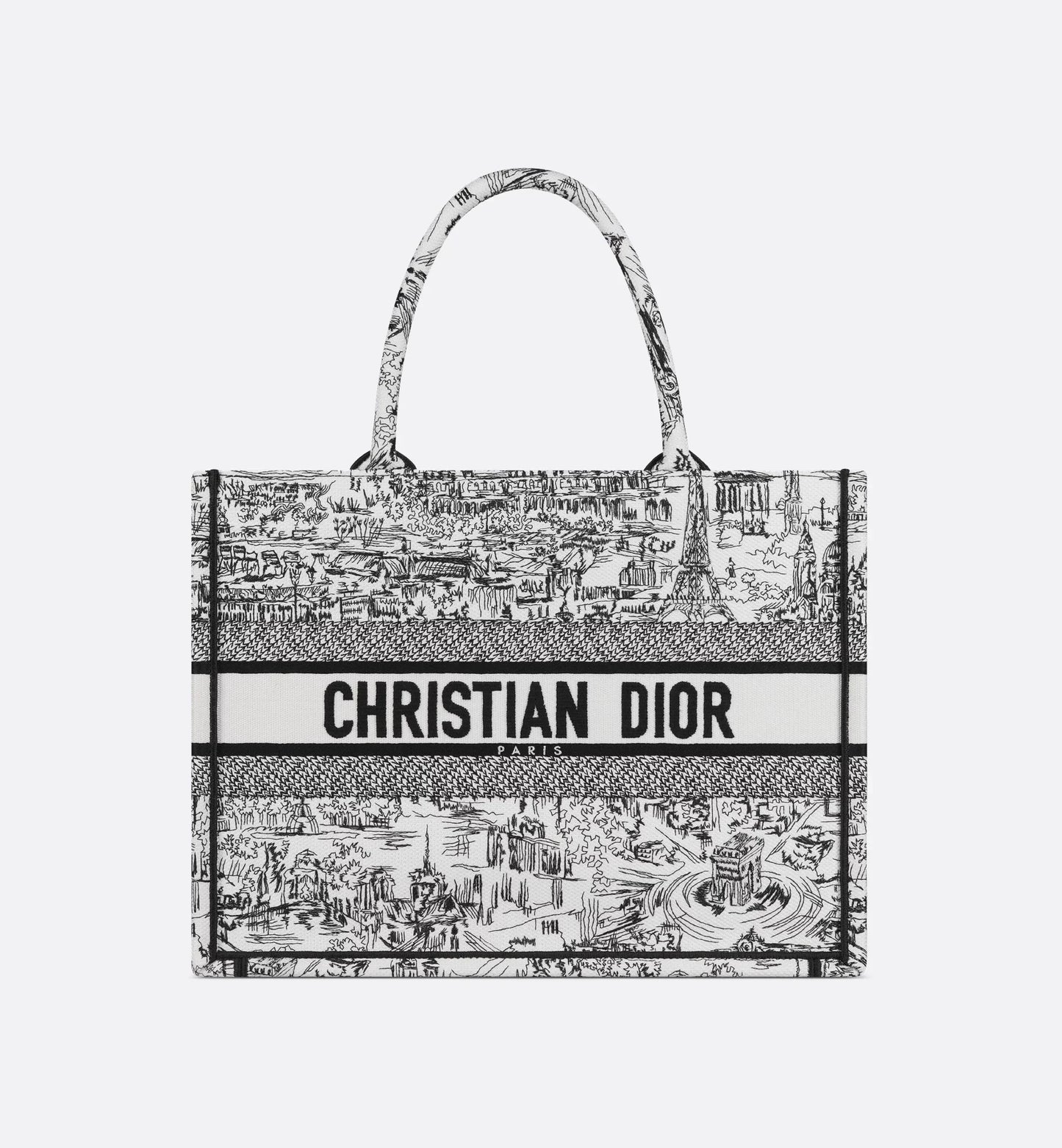 Medium Luxury Dior Book Tote White and Black Paris Allover Embroidery