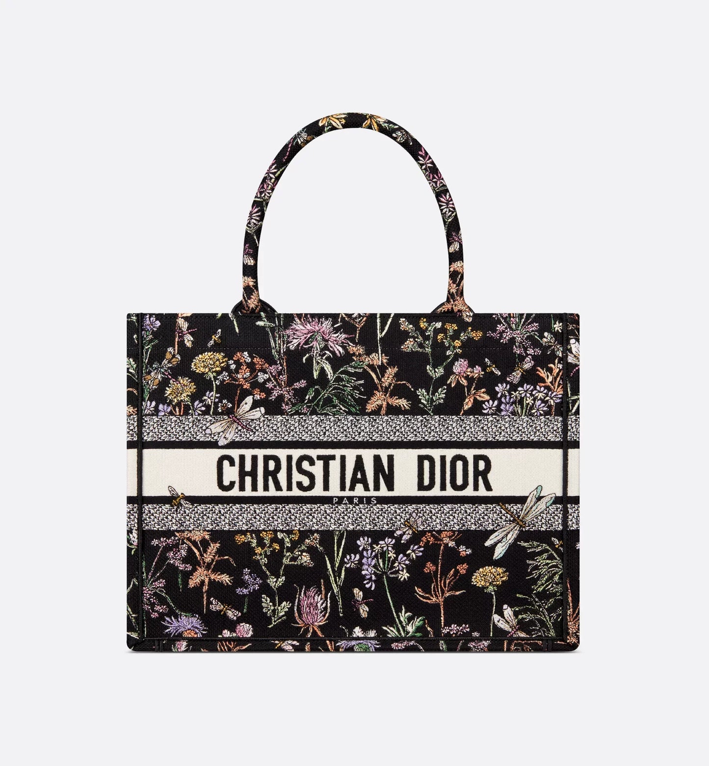 Medium Luxury Dior Book Tote Black Multicolor Luxury Dior Herbarium Embroidery