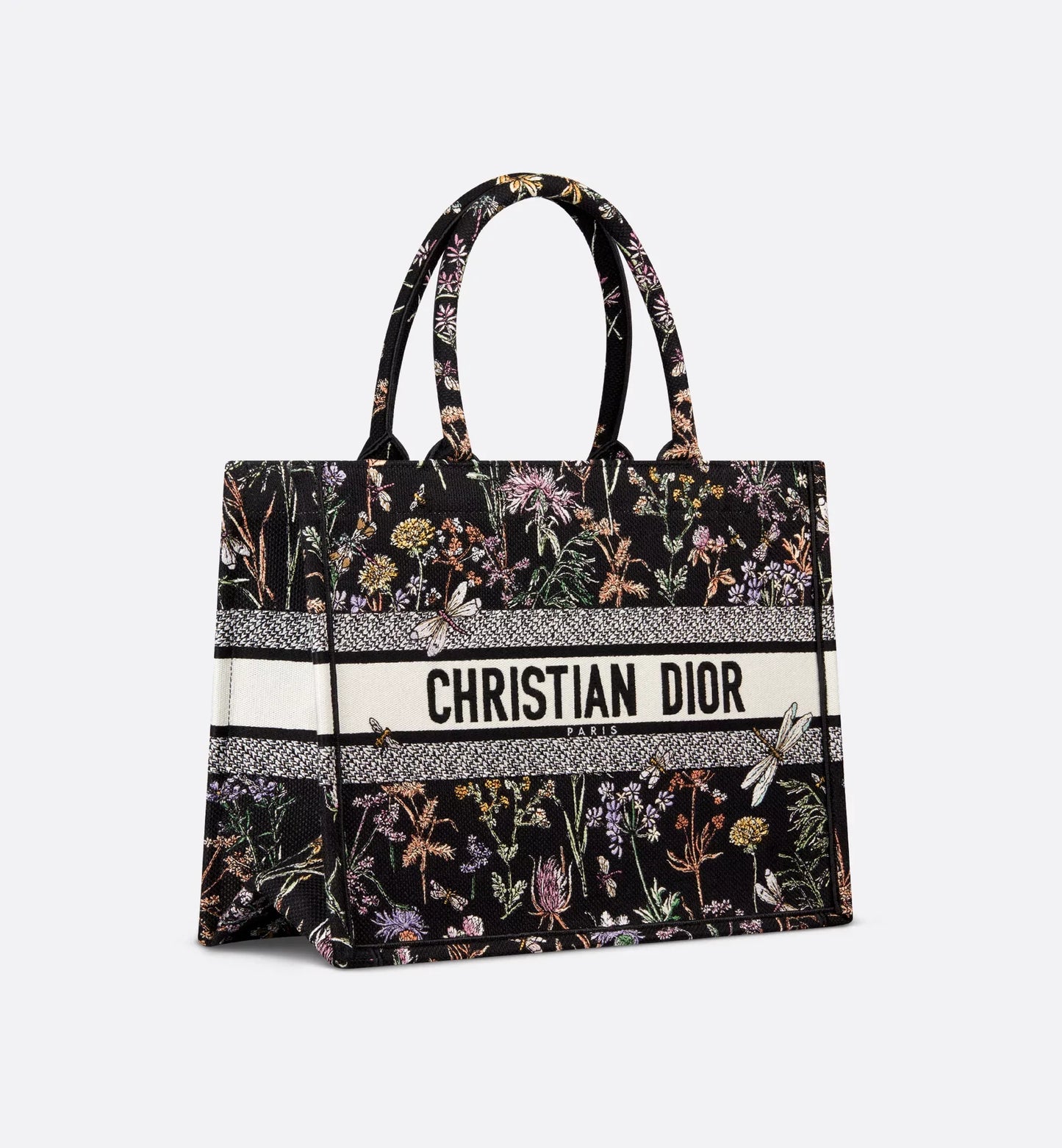 Medium Luxury Dior Book Tote Black Multicolor Luxury Dior Herbarium Embroidery