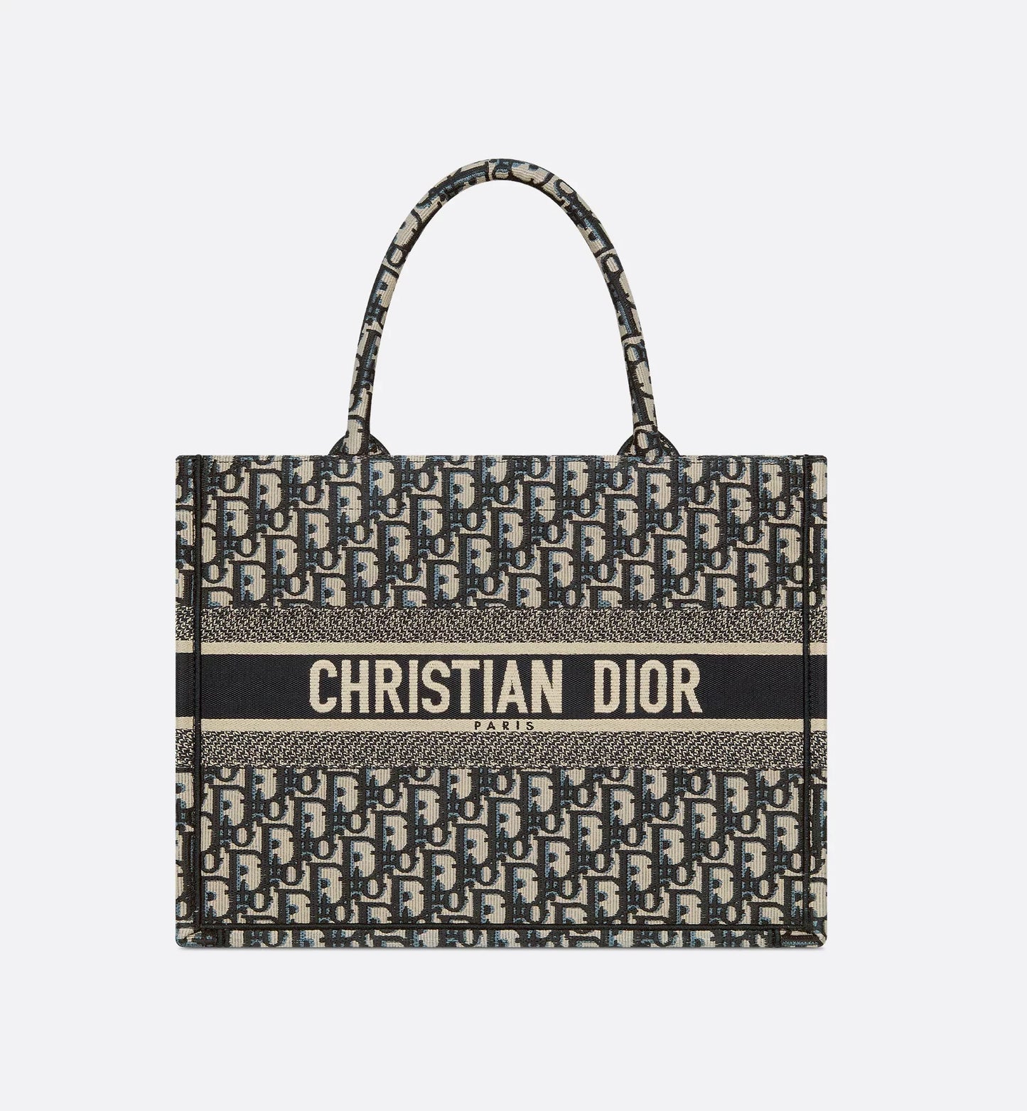 Medium Luxury Dior Book Tote Ecru and Blue Luxury Dior Oblique Embroidery