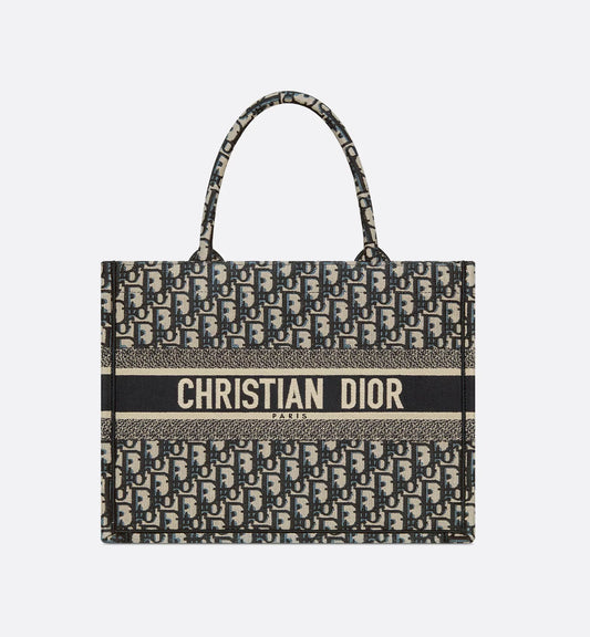 Medium Luxury Dior Book Tote Ecru and Blue Luxury Dior Oblique Embroidery