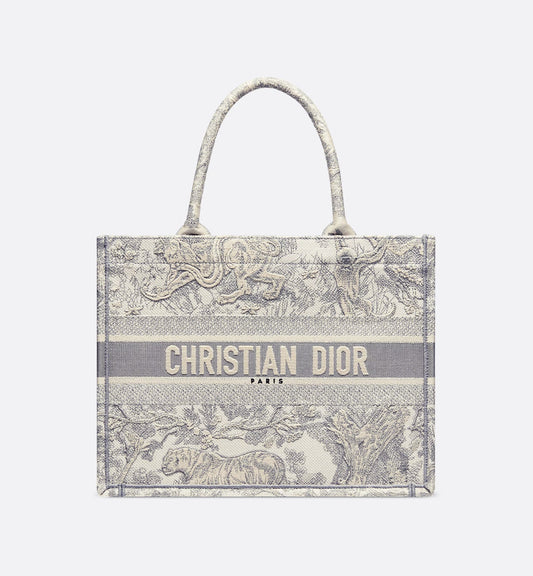 Medium Luxury Dior Book Tote Ecru and Gray Toile de Jouy Embroidery