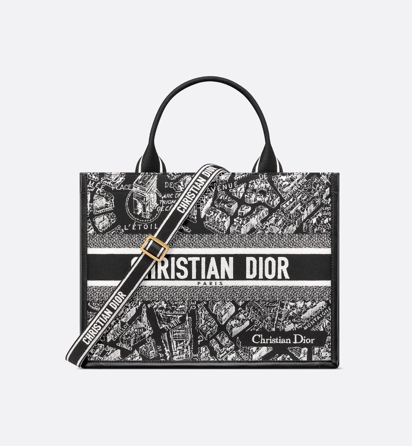 Medium Luxury Dior Book Tote Black and White Plan de Paris Embroidery with Black Calfskin
