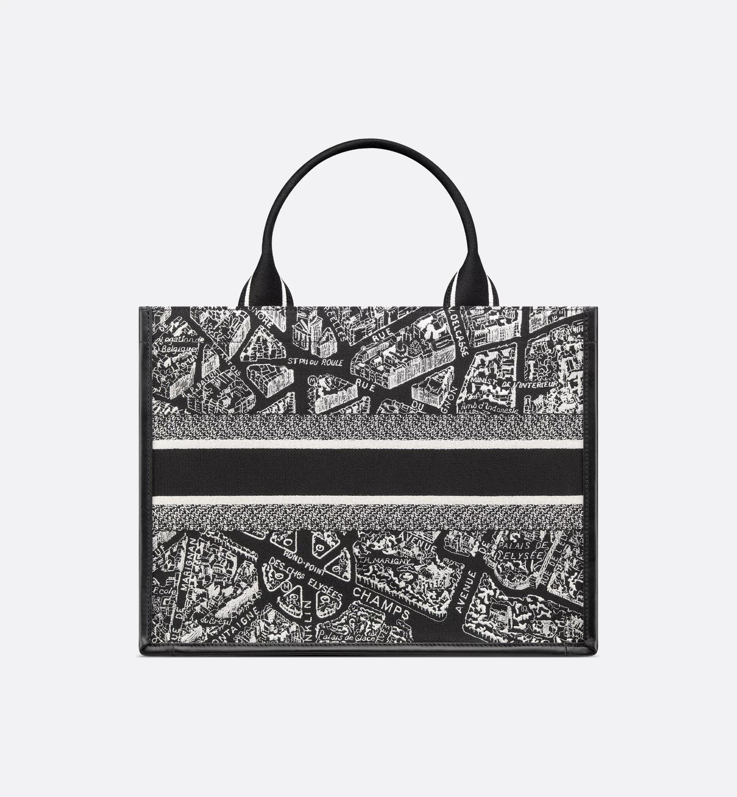 Medium Luxury Dior Book Tote Black and White Plan de Paris Embroidery with Black Calfskin