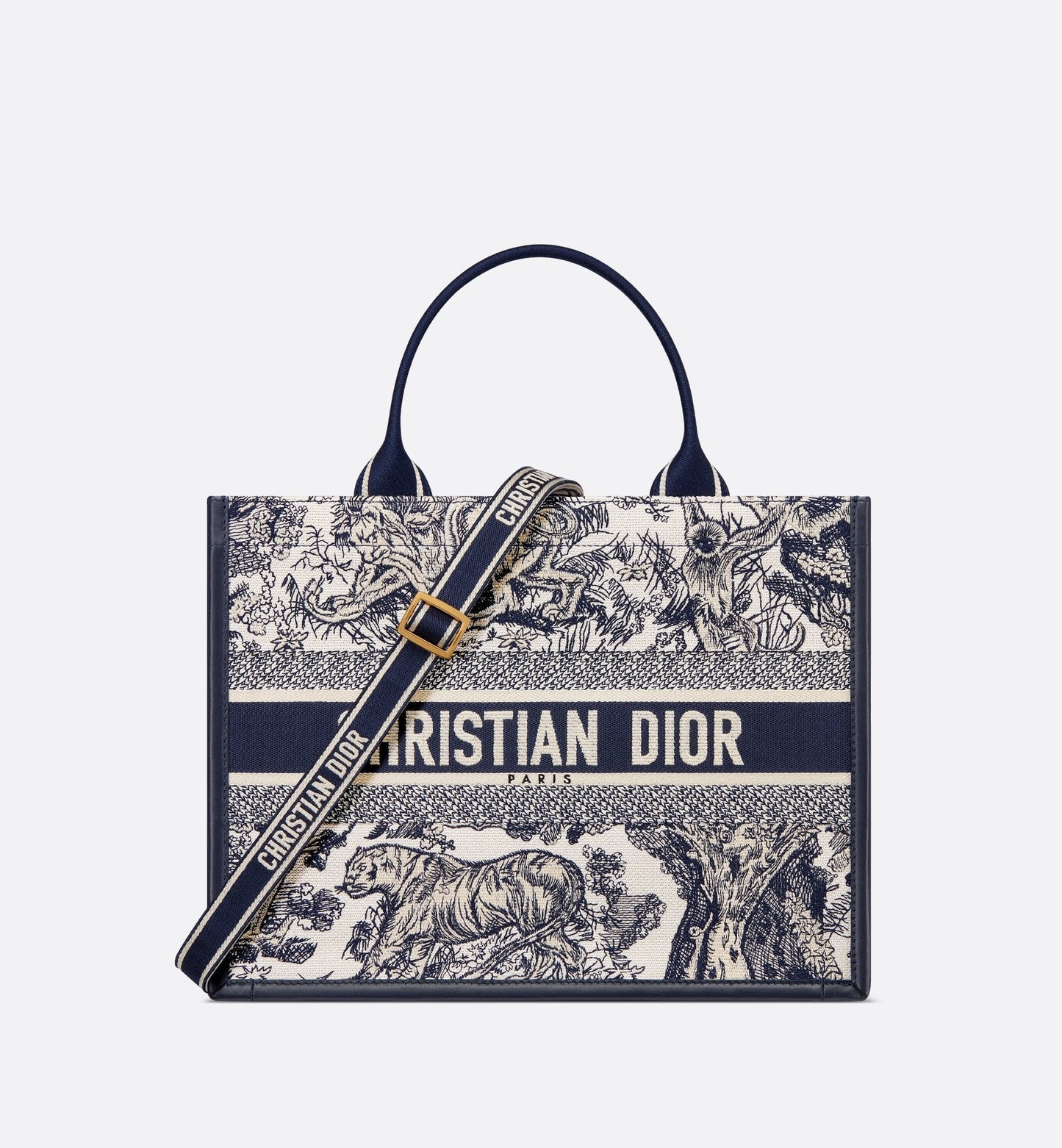 Medium Luxury Dior Book Tote White And Navy Blue Toile De Jouy Sauvage Embroidery With Navy Blue Calfskin