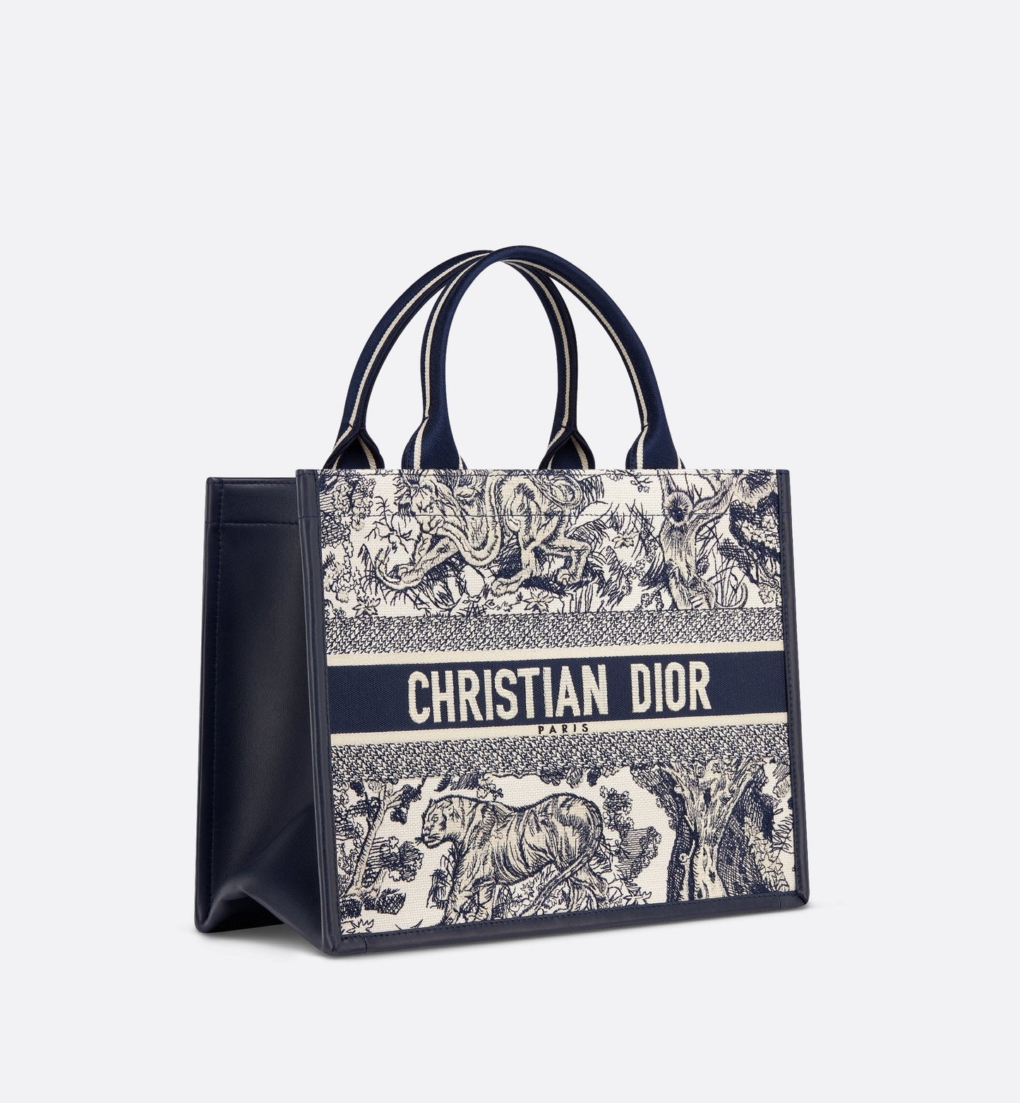 Medium Luxury Dior Book Tote White And Navy Blue Toile De Jouy Sauvage Embroidery With Navy Blue Calfskin