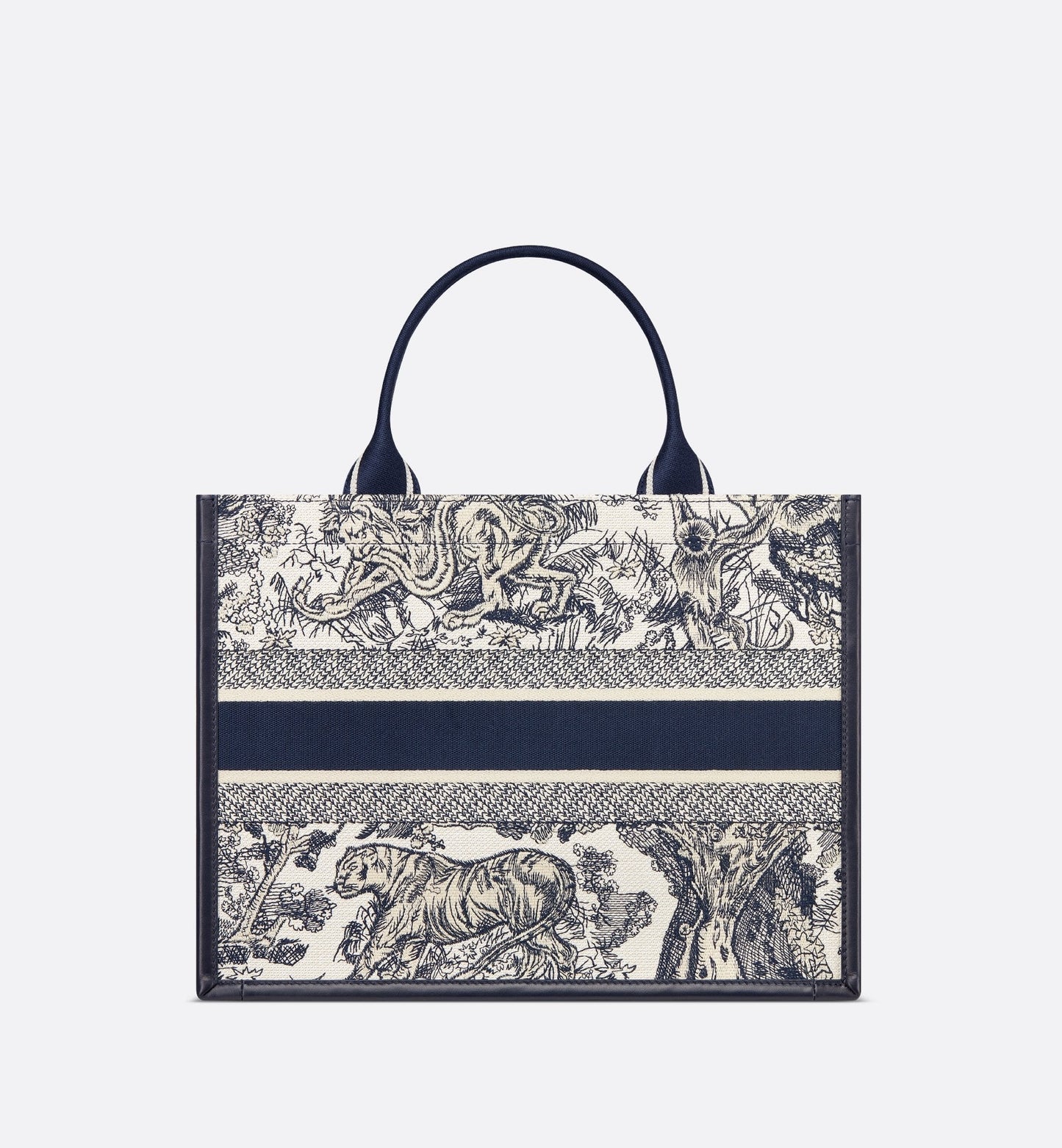 Medium Luxury Dior Book Tote White And Navy Blue Toile De Jouy Sauvage Embroidery With Navy Blue Calfskin