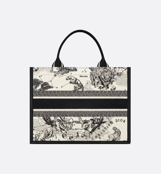 Medium Luxury Dior Book Tote Latte and Black Luxury Dior Zodiac Embroidery with Black Calfskin