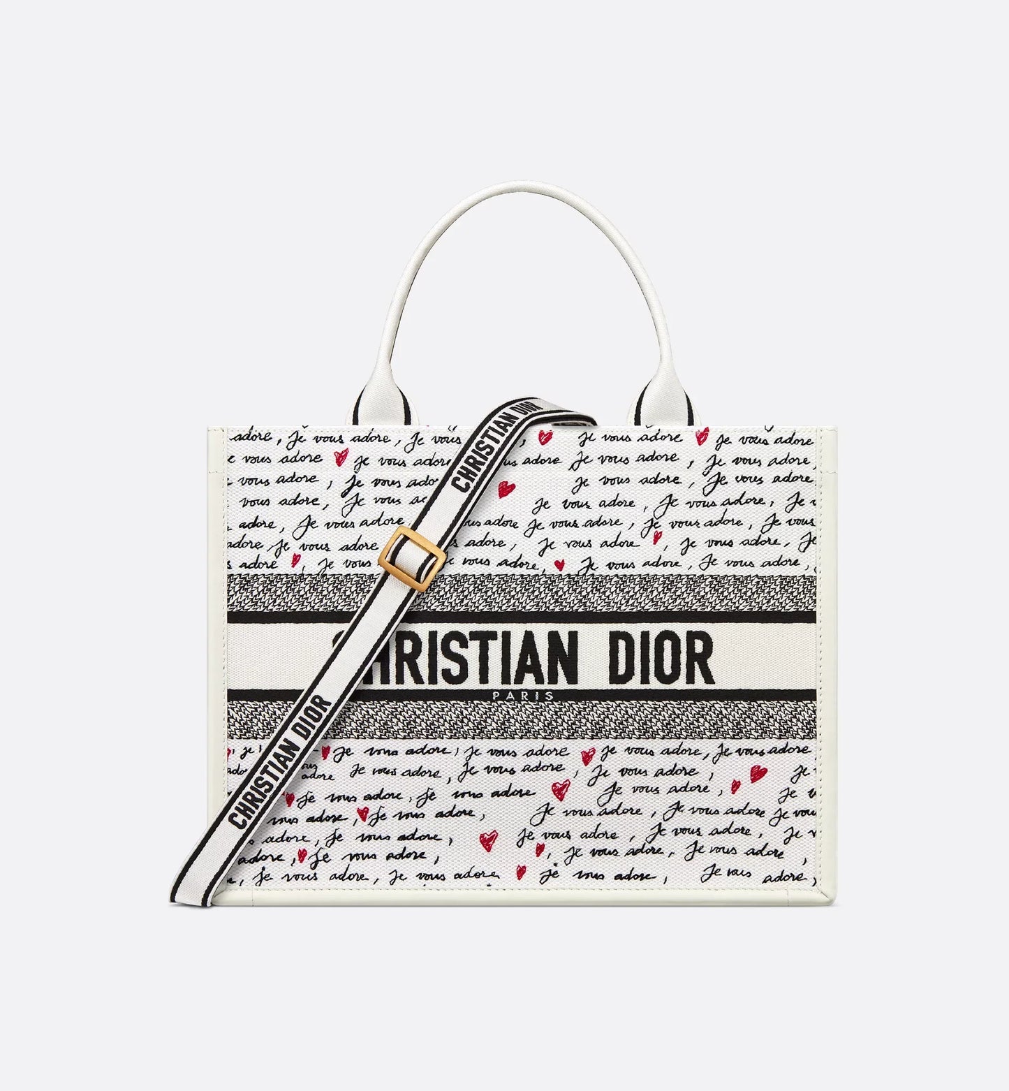 Luxury Dioramour Medium Luxury Dior Book Tote White Embroidery with Black and Red Je Vous Adore Motif and White Calfskin