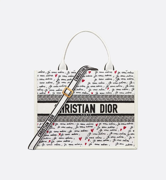 Luxury Dioramour Medium Luxury Dior Book Tote White Embroidery with Black and Red Je Vous Adore Motif and White Calfskin