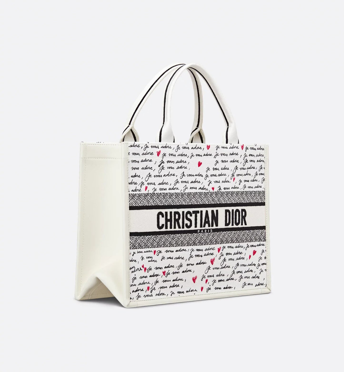 Luxury Dioramour Medium Luxury Dior Book Tote White Embroidery with Black and Red Je Vous Adore Motif and White Calfskin