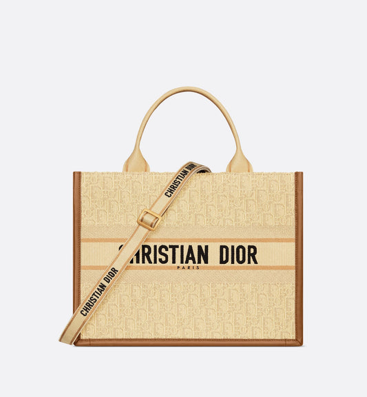 Medium Luxury Dior Book Tote Beige Luxury Dior Oblique Embroidered Raffia And Camel Calfskin