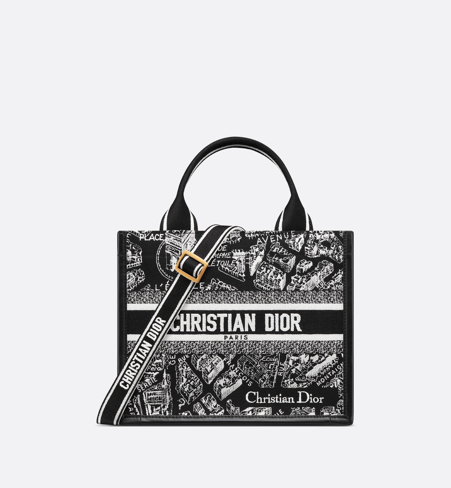 Small Luxury Dior Book Tote Black And White Plan De Paris Embroidery With Black Calfskin