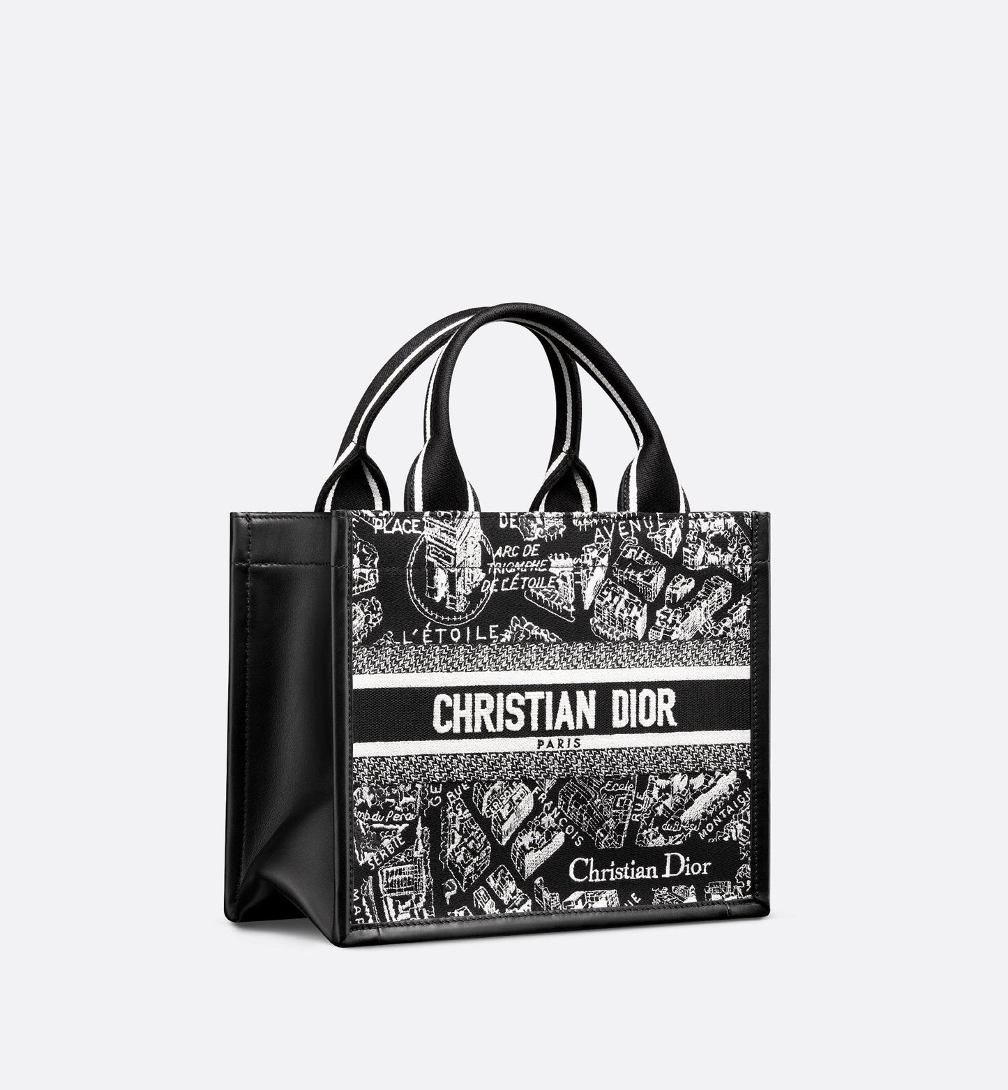 Small Luxury Dior Book Tote Black And White Plan De Paris Embroidery With Black Calfskin