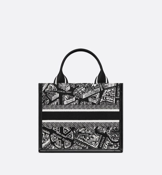 Small Luxury Dior Book Tote Black And White Plan De Paris Embroidery With Black Calfskin