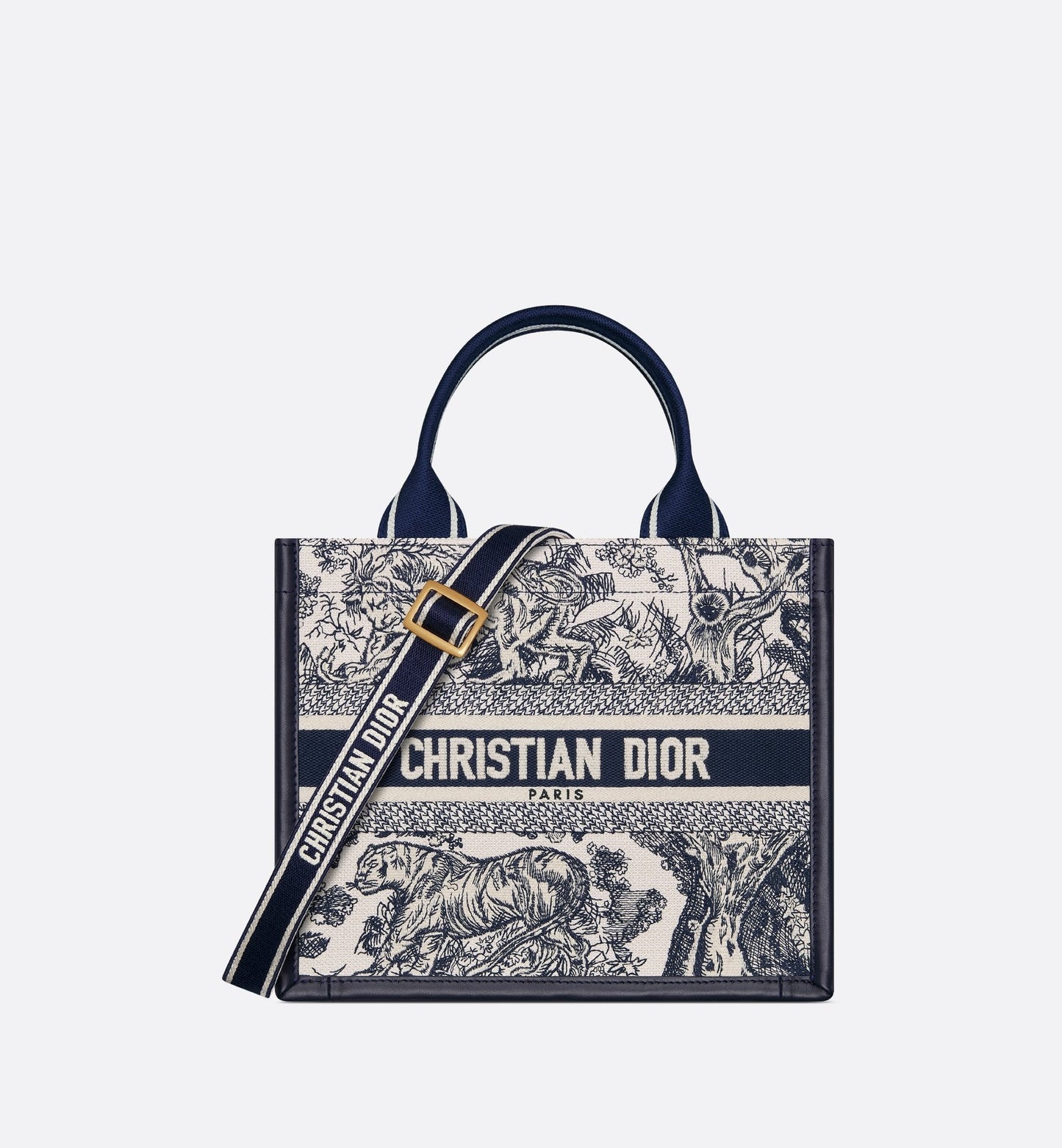 Small Luxury Dior Book Tote White And Navy Blue Toile De Jouy Sauvage Embroidery With Navy Blue Calfskin